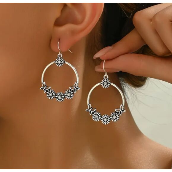 Silver Flower Hoop Earrings Floral Dangle - Picture 8 of 9